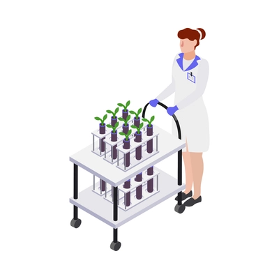 Gmo bio engineering isometric composition with human character of scientist in lab environment vector illustration