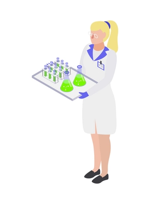 Gmo bio engineering isometric composition with human character of scientist in lab environment vector illustration