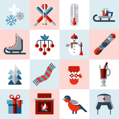 Winter icons set with snowman christmas tree snowboard cup isolated vector illustration
