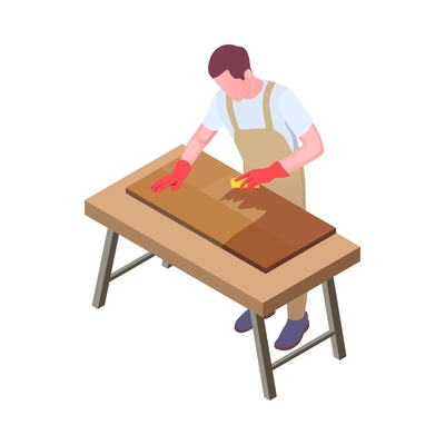 Furniture production isometric composition with character of worker in uniform and woodwork vector illustration