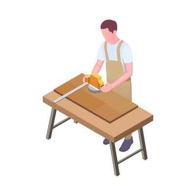 Furniture production isometric composition with character of worker in uniform and woodwork vector illustration