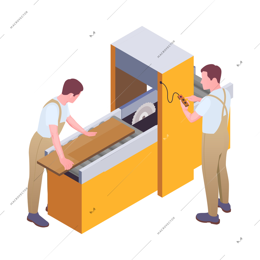 Furniture production isometric composition with character of worker in uniform and woodwork vector illustration