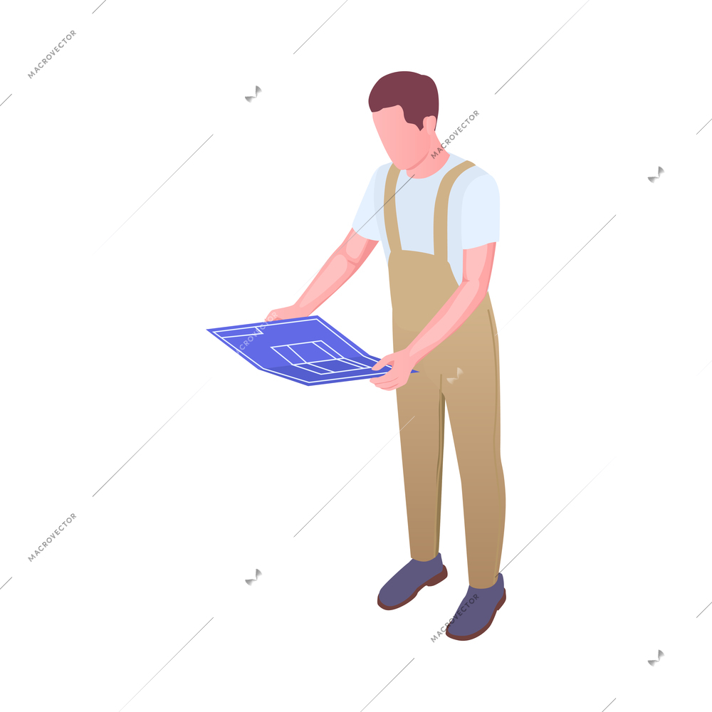 Furniture production isometric composition with character of worker in uniform and woodwork vector illustration