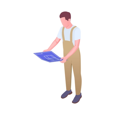 Furniture production isometric composition with character of worker in uniform and woodwork vector illustration