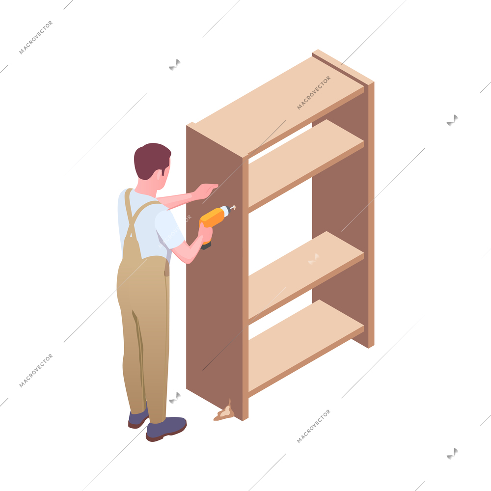 Furniture production isometric composition with character of worker in uniform and woodwork vector illustration