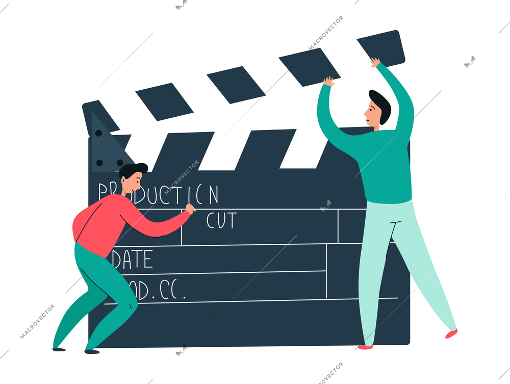 Cinema movie composition with isolated film images and flat doodle style human characters vector illustration