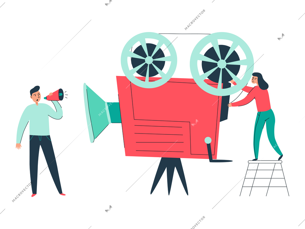 Cinema movie composition with isolated film images and flat doodle style human characters vector illustration