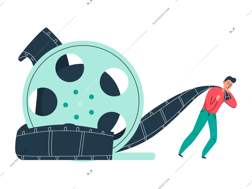 Cinema movie composition with isolated film images and flat doodle style human characters vector illustration