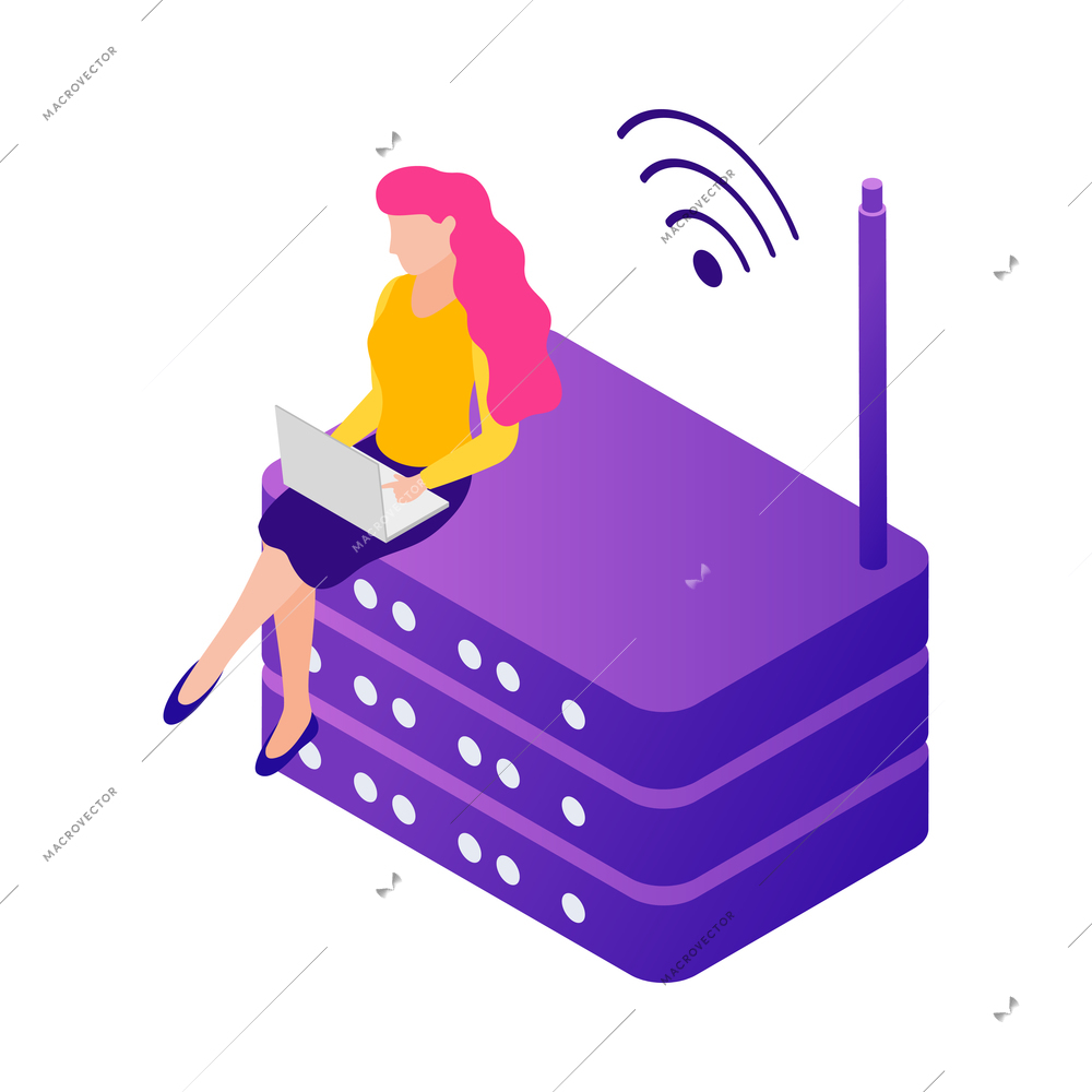 Datacenter isometric composition with human character and concept icons of network infrastructure vector illustration