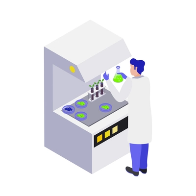 Gmo bio engineering isometric composition with human character of scientist in lab environment vector illustration