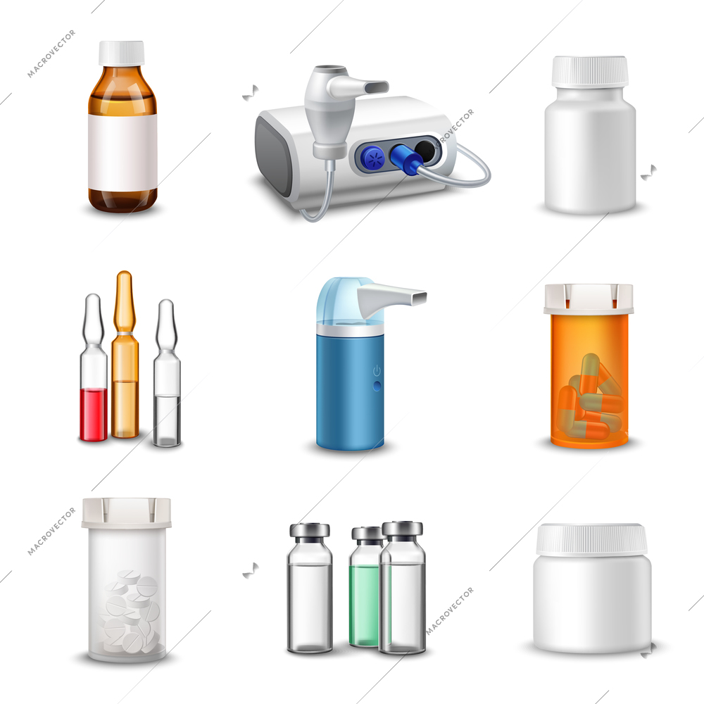 Medical bottles medicine pill containers decorative icons set realistic isolated vector illustration