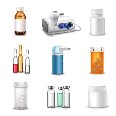 Medical bottles medicine pill containers decorative icons set realistic isolated vector illustration