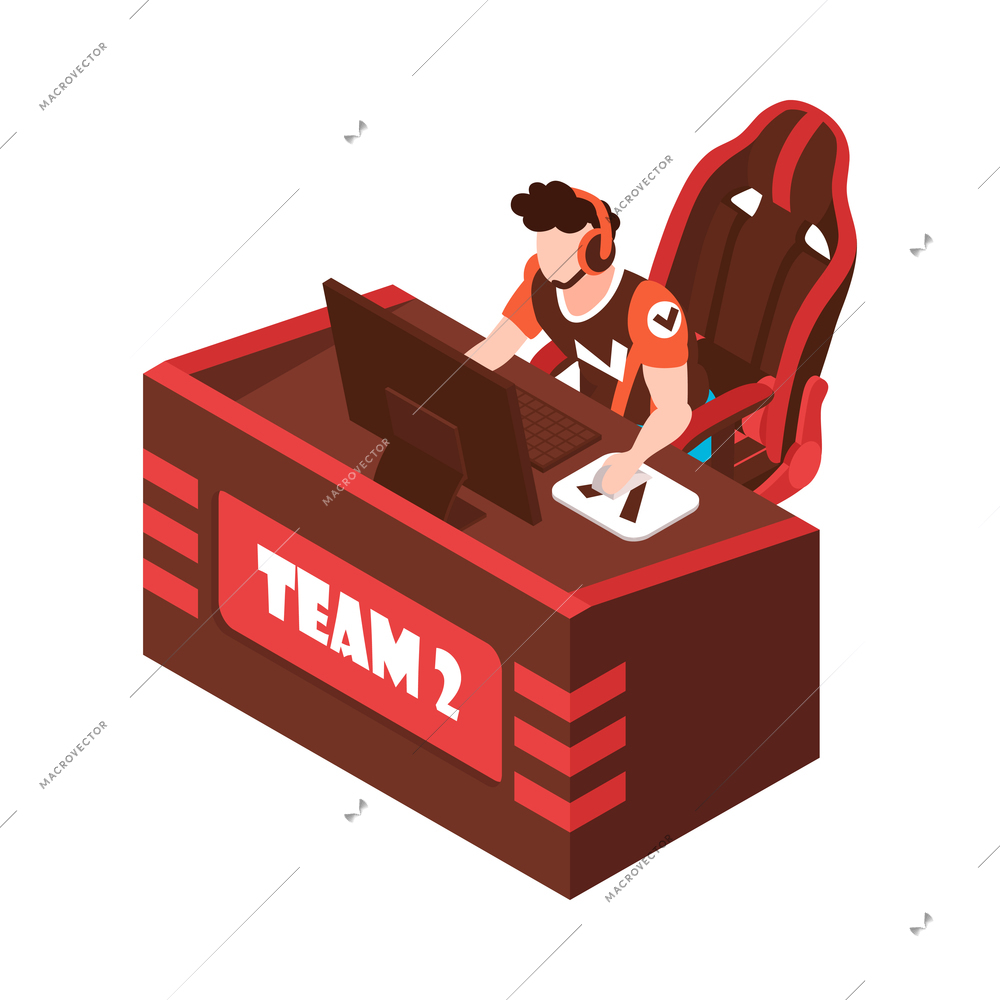 Cyber sport competition isometric composition with isolated image of cybersport player workplace vector illustration