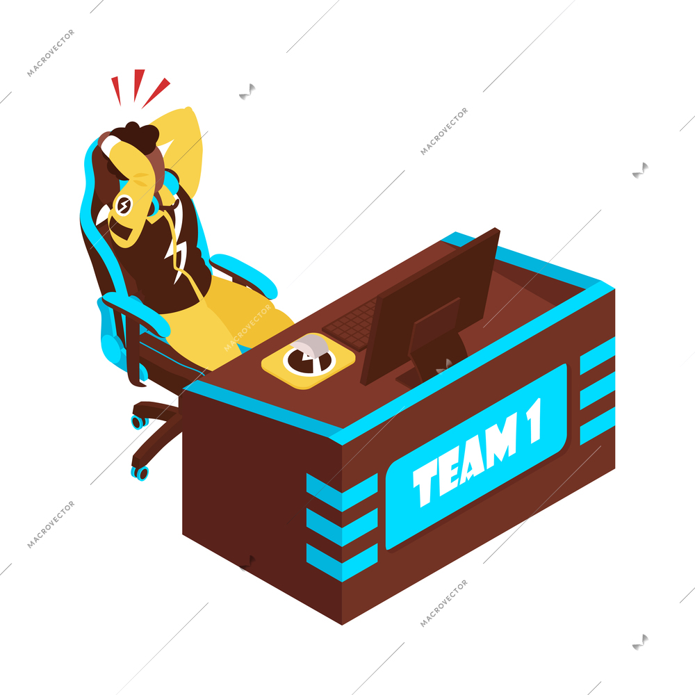 Cyber sport competition isometric composition with isolated image of cybersport player workplace vector illustration