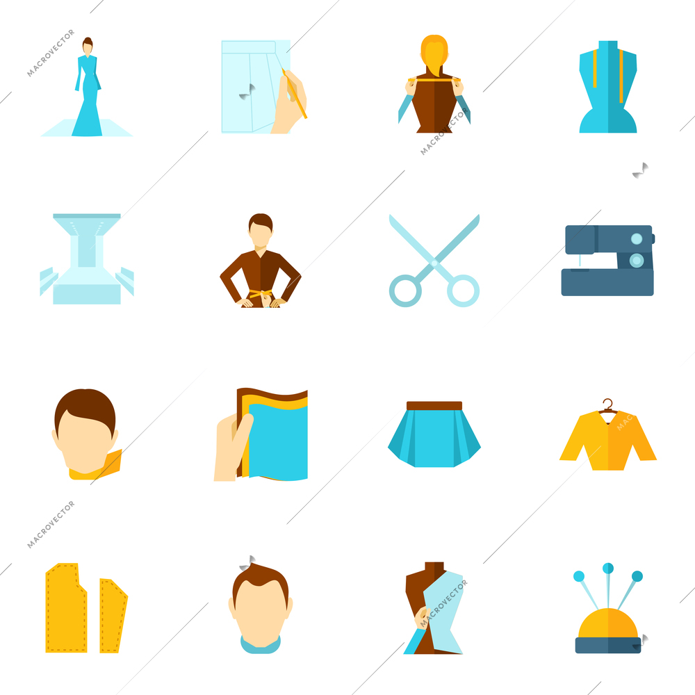 Clothes designer icons flat set with sewing textile and fashion elements isolated vector illustration