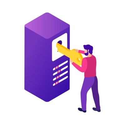 Datacenter isometric composition with human character and concept icons of network infrastructure vector illustration