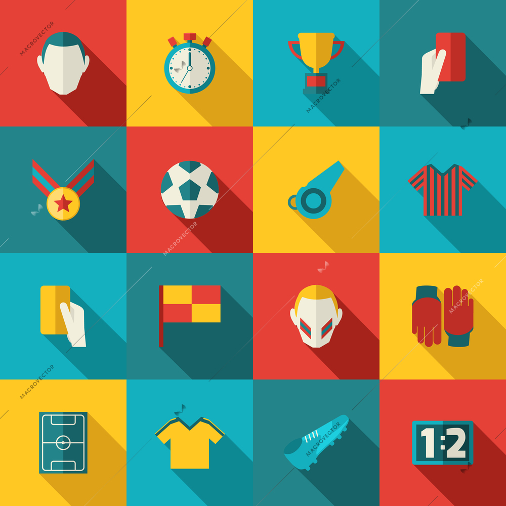 Soccer icons flat set with football trophy stadium championship isolated vector illustration