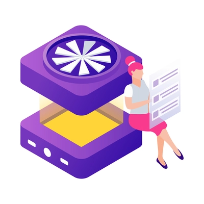 Datacenter isometric composition with human character and concept icons of network infrastructure vector illustration