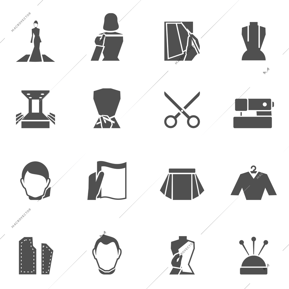 Clothes designer icons black set with sewing textile and fashion elements isolated vector illustration