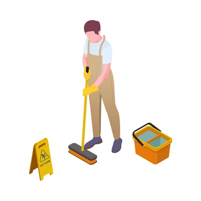 Cleaning isometric composition with isolated human character of cleanup worker in uniform vector illustration