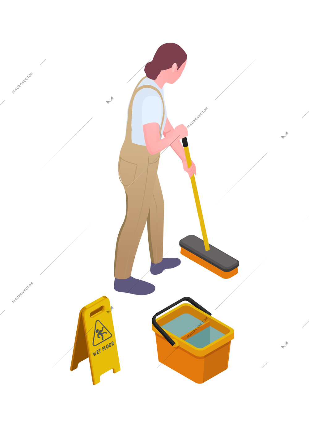 Cleaning isometric composition with isolated human character of cleanup worker in uniform vector illustration