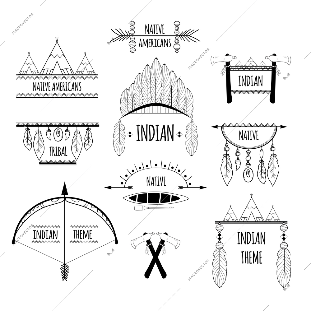 Indian native americans tribal decorative elements sketch labels set isolated vector illustration