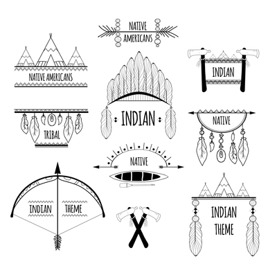 Indian native americans tribal decorative elements sketch labels set isolated vector illustration