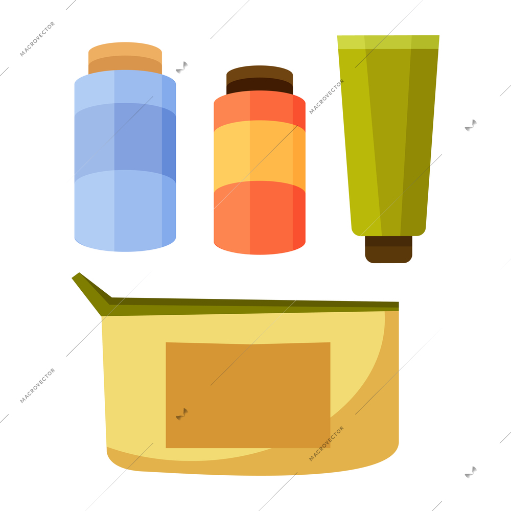 Suitcase and contents flat composition with isolated image of summer vacation item on blank background vector illustration