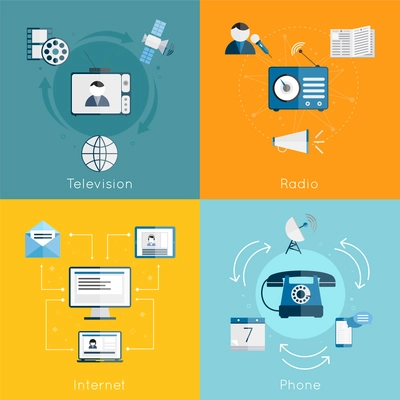 Media communication icons flat set of internet radio television phone isolated vector illustration