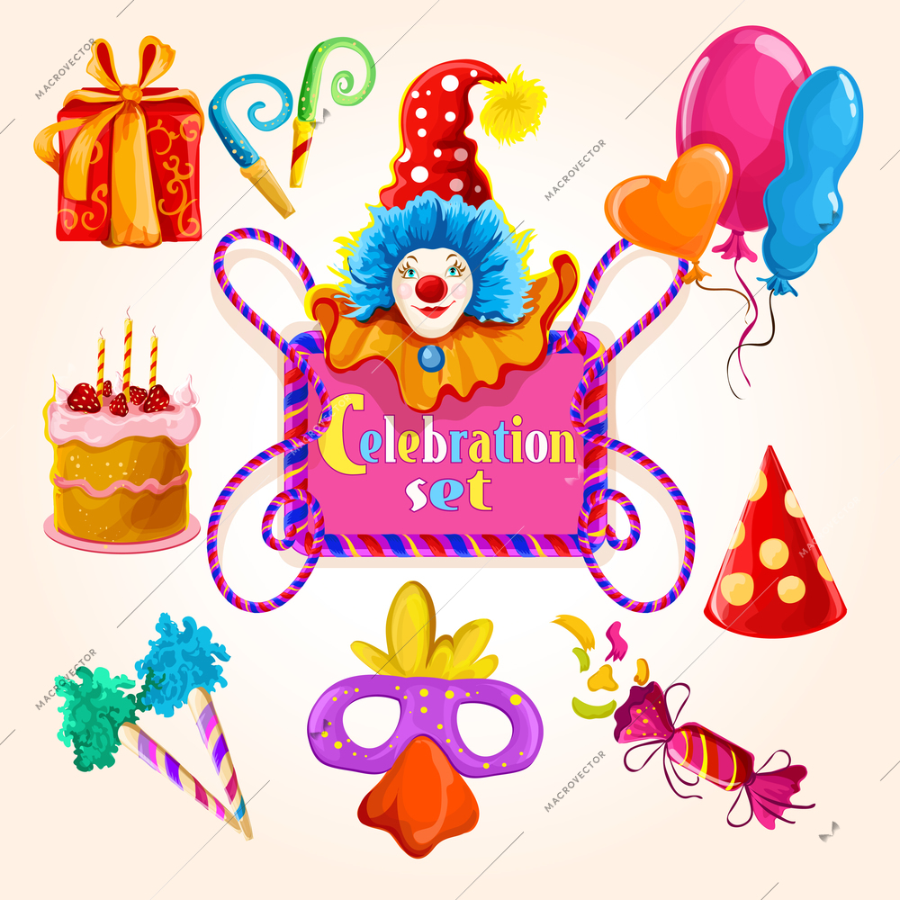 Celebration decorative icons colored set with clown balloon gift box isolated vector illustration