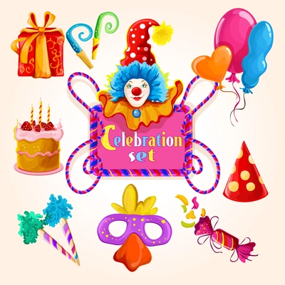 Celebration decorative icons colored set with clown balloon gift box isolated vector illustration