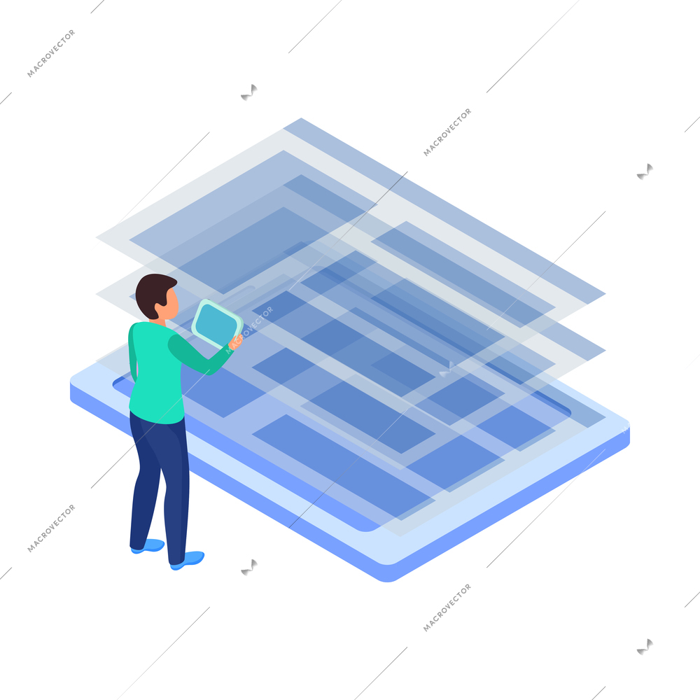 Web development isometric concept composition with structure elements and developer character vector illustration