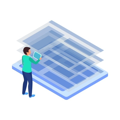 Web development isometric concept composition with structure elements and developer character vector illustration