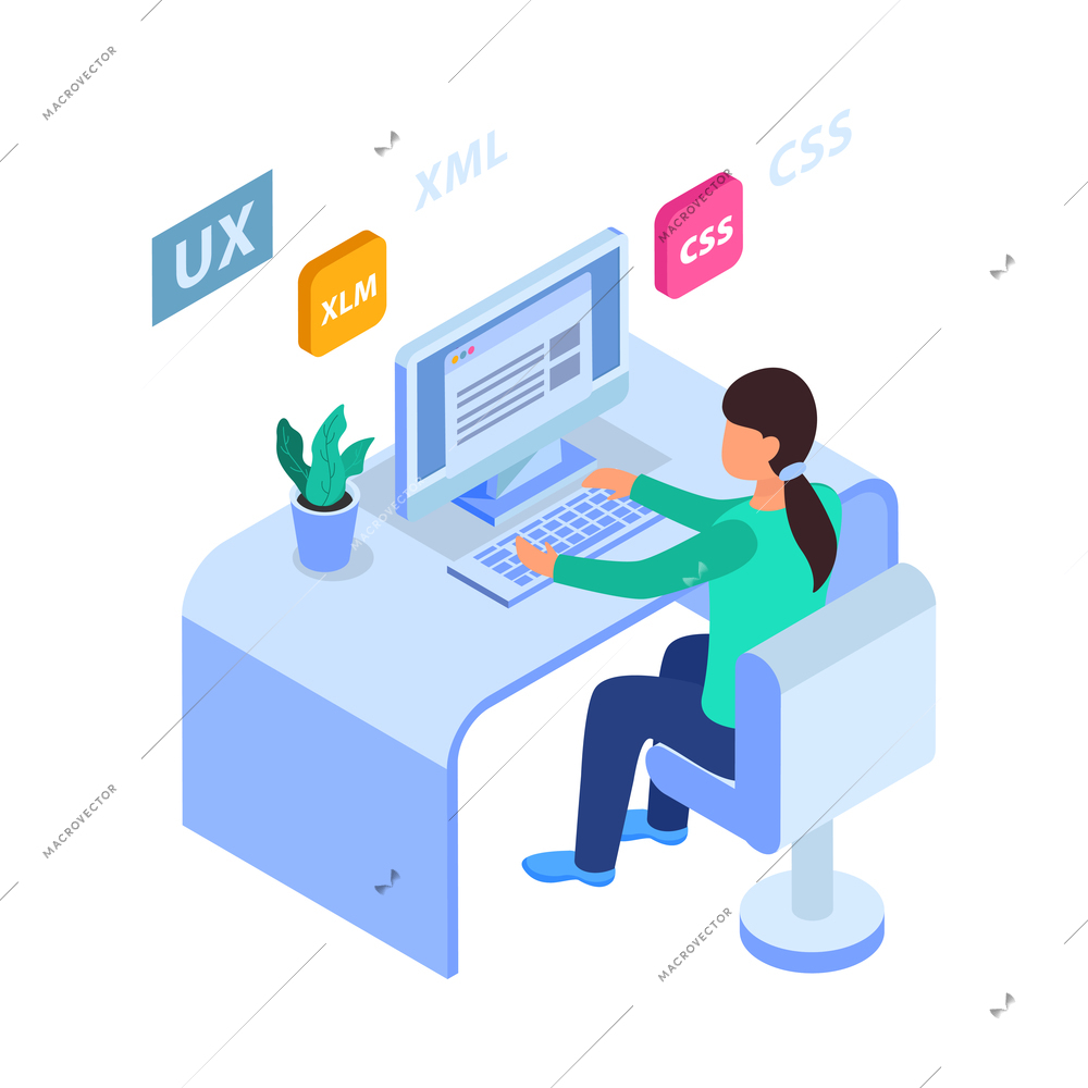 Web development isometric concept composition with structure elements and developer character vector illustration