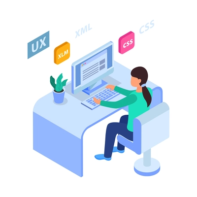 Web development isometric concept composition with structure elements and developer character vector illustration