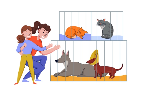 Animal shelter composition with isolated images of pets and doodle human characters vector illustration