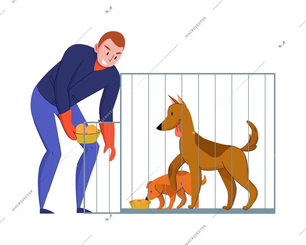 Animal shelter composition with isolated images of pets and doodle human characters vector illustration