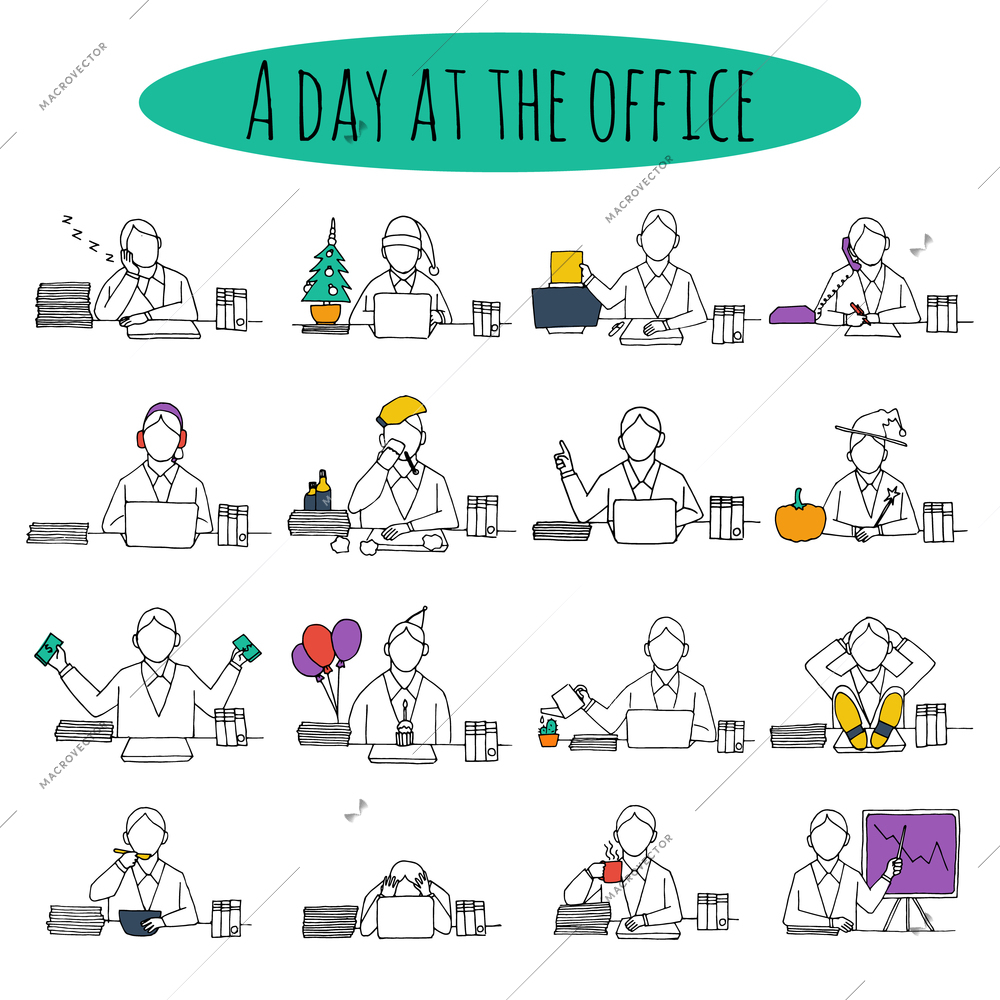 People at office desk working managers businessmen sketch avatars set vector illustration