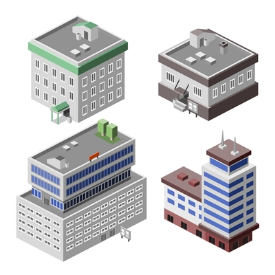 Business modern 3d urban office buildings decorative icons set isometric isolated vector illustration