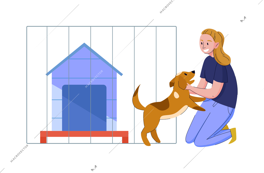 Animal shelter composition with isolated images of pets and doodle human characters vector illustration