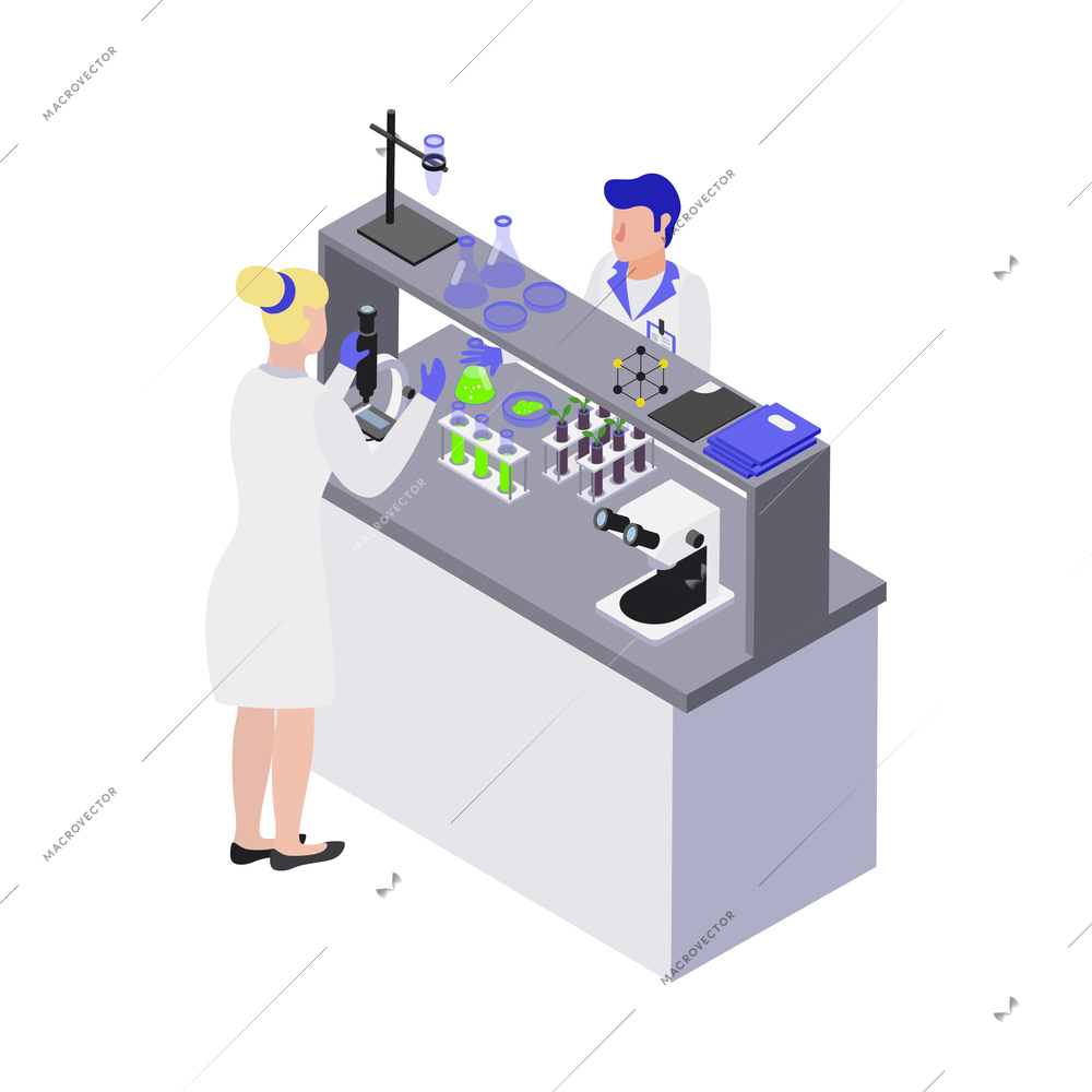 Gmo bio engineering isometric composition with human character of scientist in lab environment vector illustration