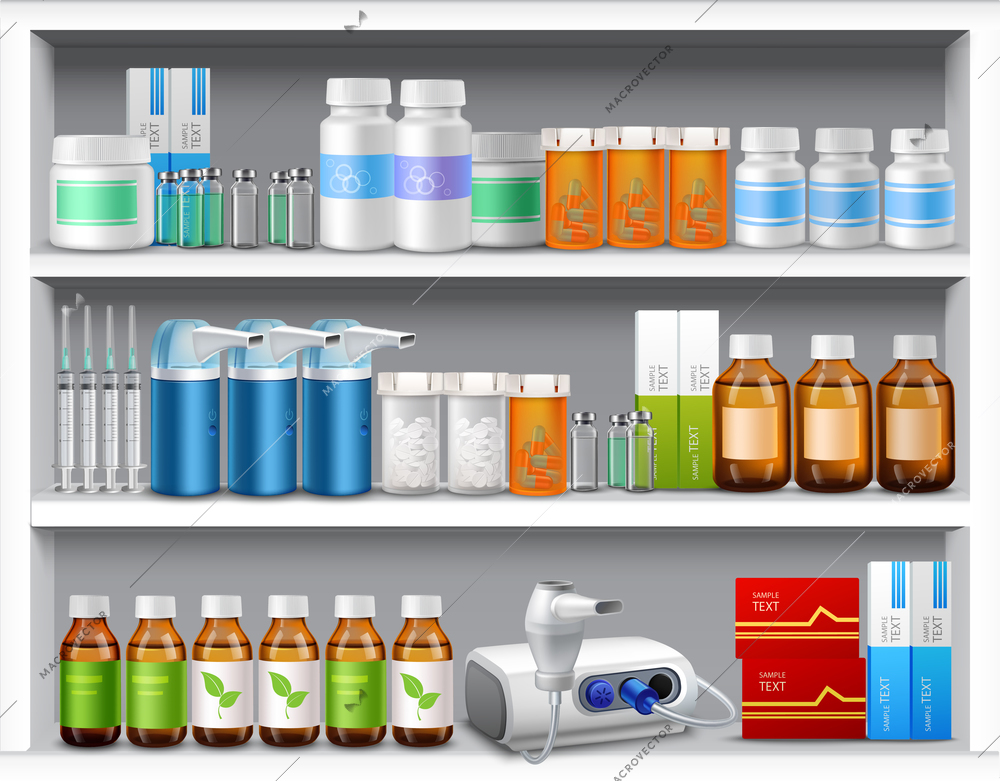 Pharmacy shelves with medicine pills bottles liquids and capsules realistic vector illustration