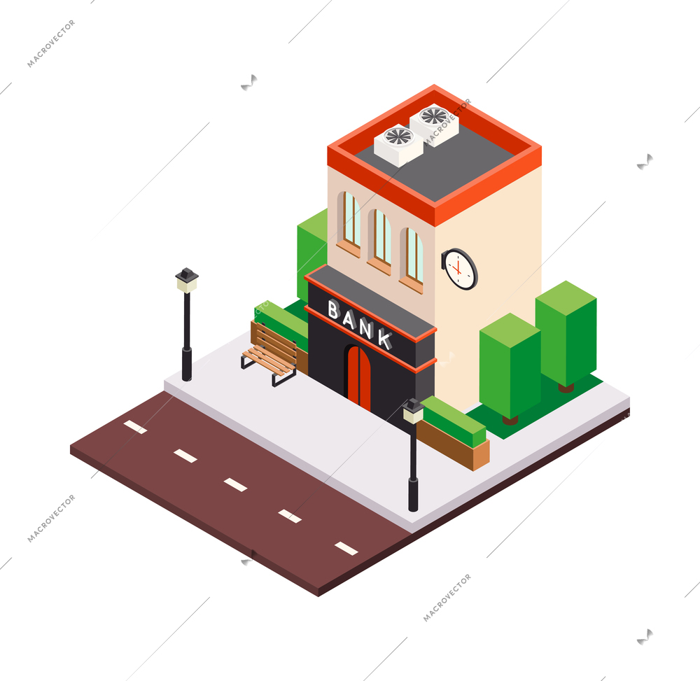 Modern city architecture isometric buildings composition with platform piece of street pavement and house vector illustration