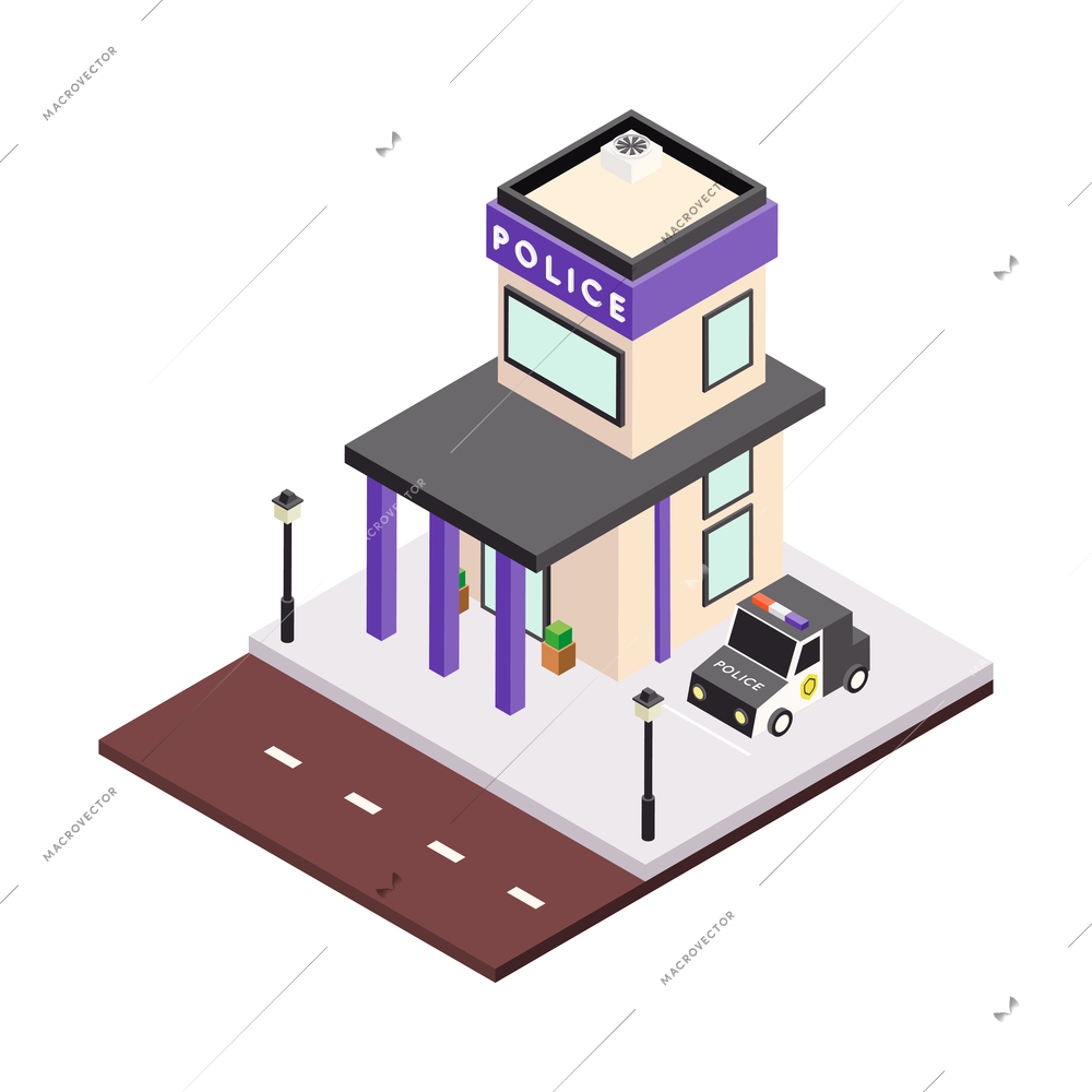 Modern city architecture isometric buildings composition with platform piece of street pavement and house vector illustration