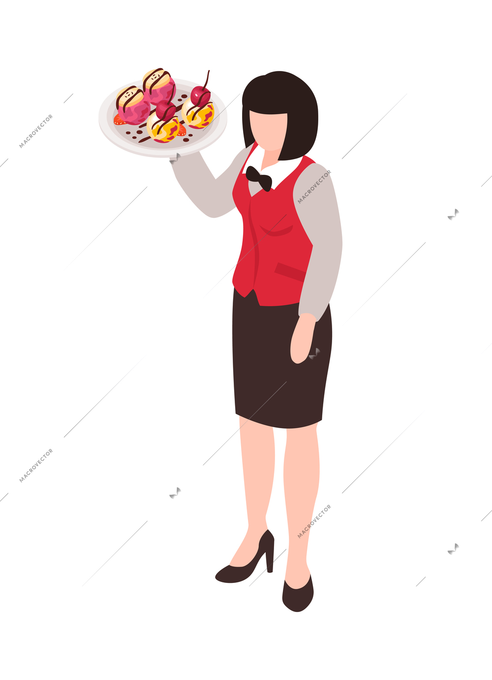 Isometric restaurant composition with isolated human character of waiter with tray vector illustration