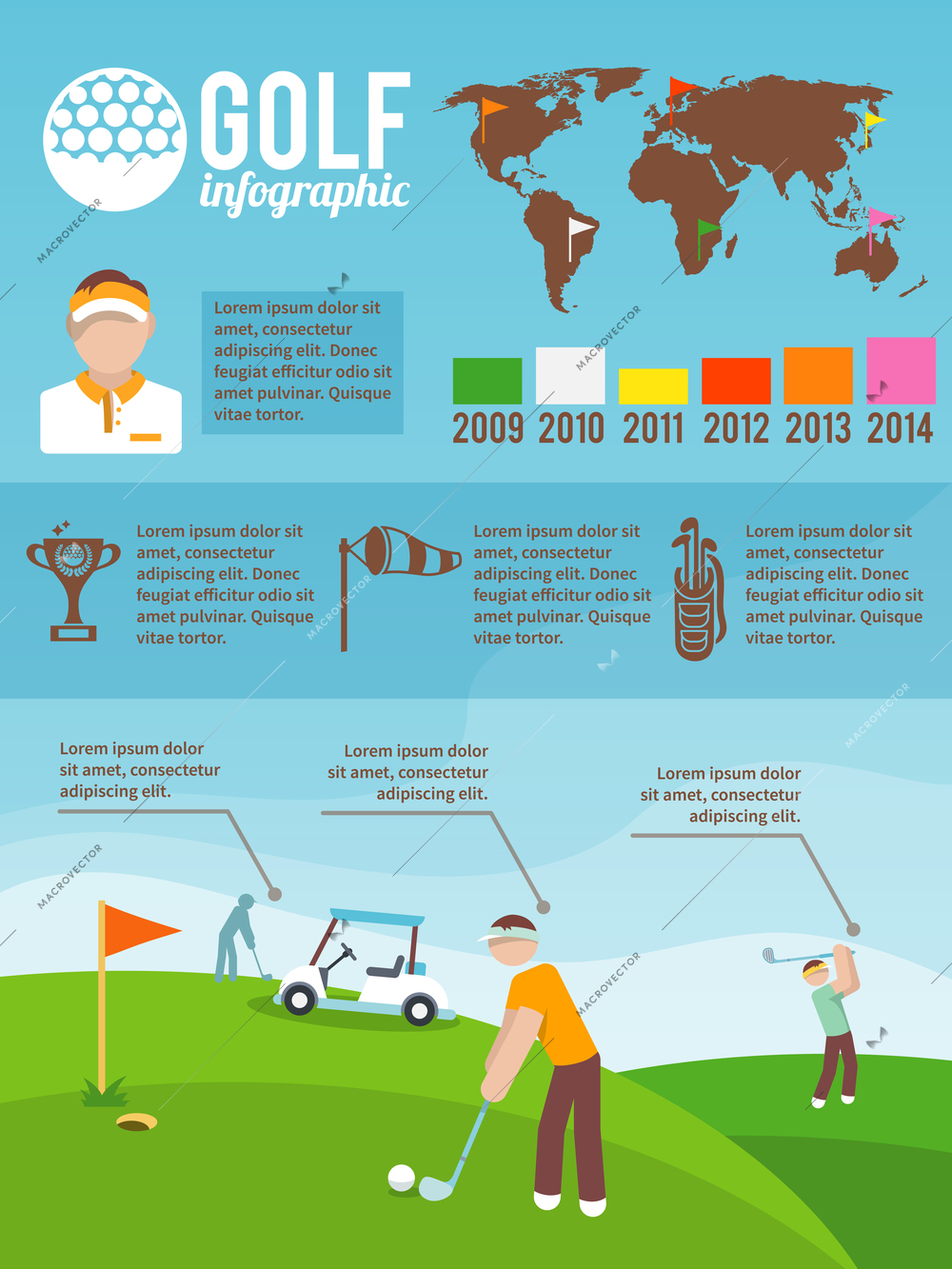 Golf game sport and activity infographics set with charts and world map vector illustration