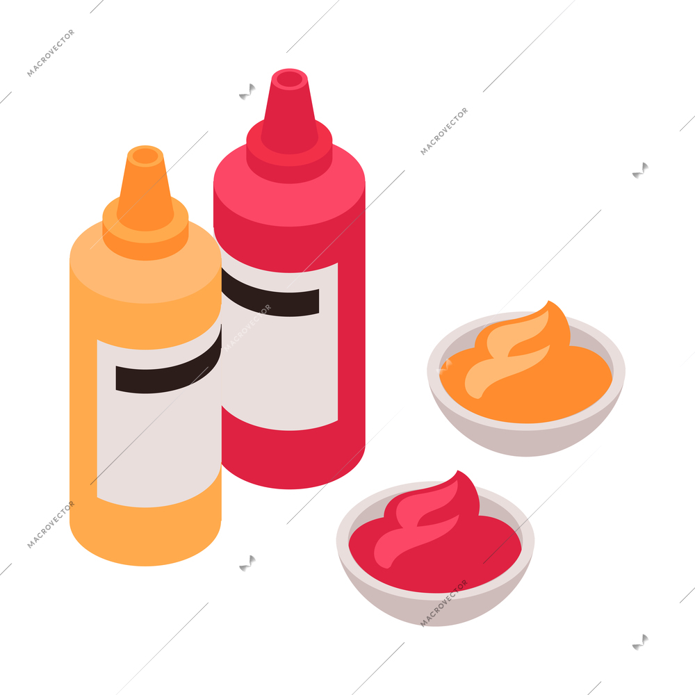 Isometric bbq barbecue grill party composition with isolated images of ketchup and mustard bottles vector illustration