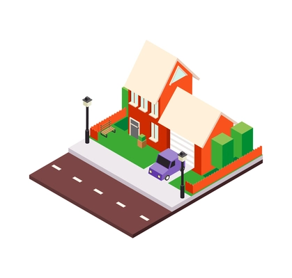 Modern city architecture isometric buildings composition with platform piece of street pavement and house vector illustration