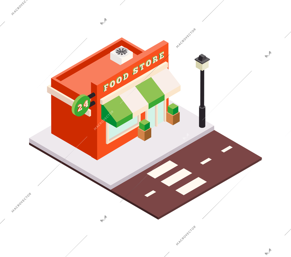 Modern city architecture isometric buildings composition with platform piece of street pavement and house vector illustration