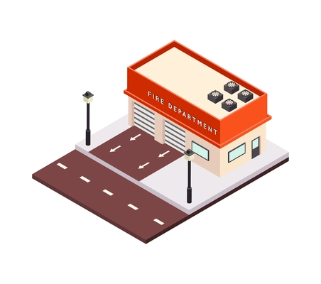 Modern city architecture isometric buildings composition with platform piece of street pavement and house vector illustration